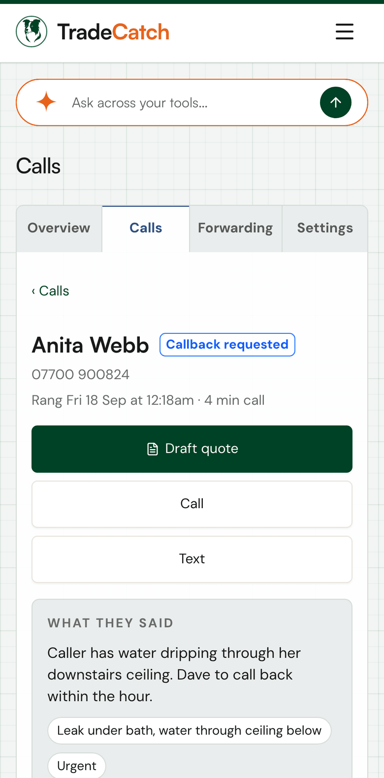 A caught call on the TradeCatch app: what the caller said, the job and a button to draft the quote