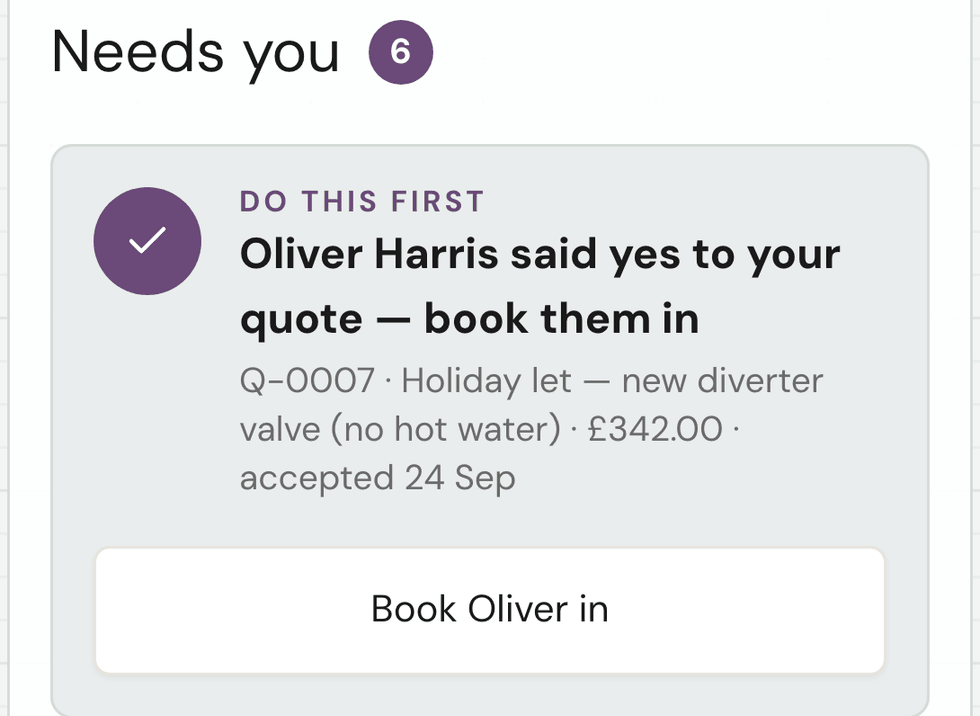 TradeCatch: Oliver Harris said yes to your £342 quote, with a button to book him in