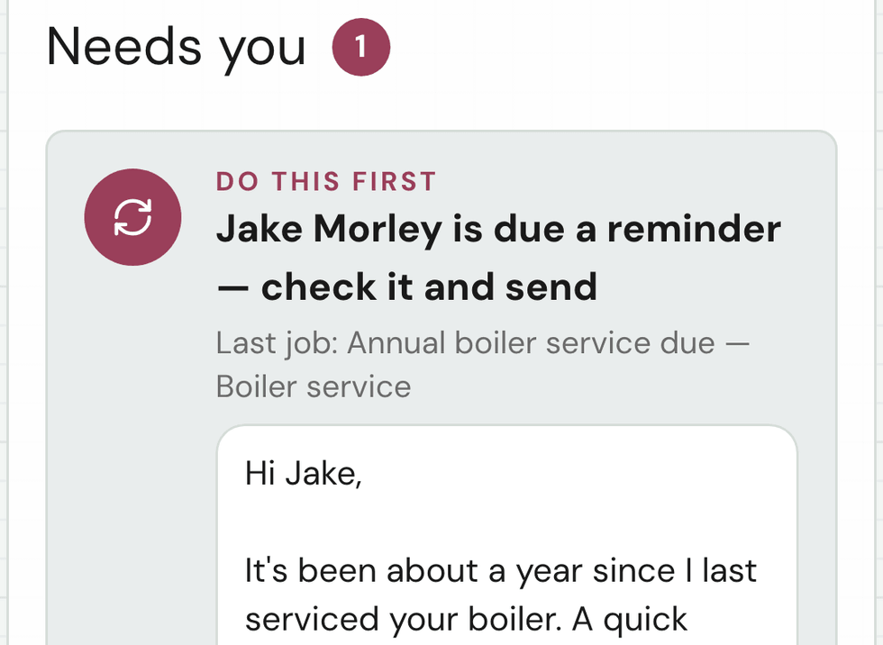 TradeCatch: Jake Morley is due his annual boiler service, with the reminder written and ready to send